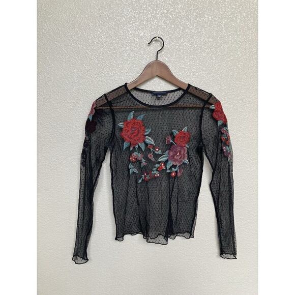 American Eagle Outfitters Tops - American Eagle sheer Mesh Black Floral Long Sleeve top sz S Festival Boho sexy